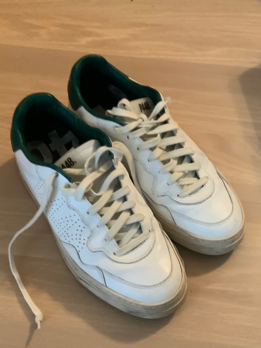 P448 Men's White Leather Sneakers with Green Collar